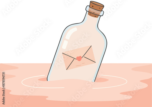 Illustrated love letter sealed in a glass bottle drifting on tranquil water, a symbolic message of hope and connection