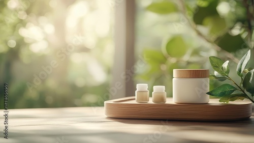 Rustic wooden podium with botanical painting and natural beauty products.