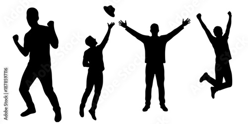 Happy men silhouettes set, black vector collection of guys jumping, celebrating success, raising hands and throwing hat