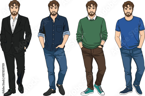 Male fashion character illustration set showing young man in formal and casual outfits, modern style evolution, clothing choices, lifestyle looks and contemporary menswear isolated