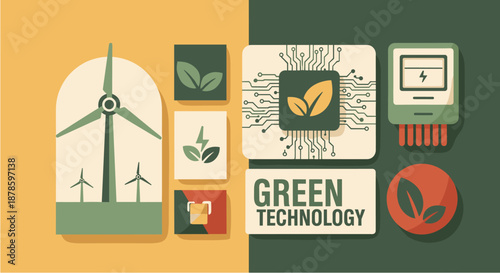 A vibrant illustration showcasing green technology concepts and renewable energy sources, emphasizing sustainable innovation and environmental responsibility.