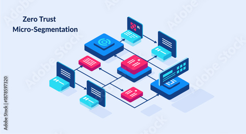 Conceptual isometric illustration depicting a Zero Trust Micro-Segmentation network architecture for enhanced cybersecurity and data protection.