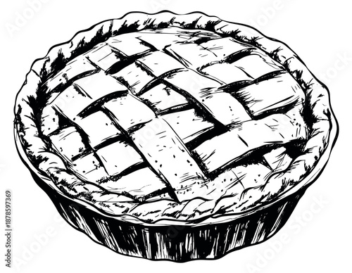 Hand drawn line art illustration of a lattice pie depicting a freshly baked dessert for food and baking concepts
