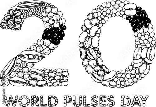 World Pulses Day "20" Numbers Made of Various Beans and Seeds, Black and White Line Art Illustration