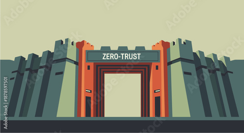 Conceptual illustration depicting a robust castle gate with 'ZERO-TRUST' inscribed, symbolizing advanced cybersecurity protocols and network security architecture.