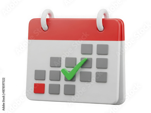 3d calendar icon with checkmark and red header isolated on transparent background