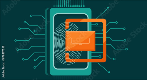 Digital security concept illustrating a microchip with a fingerprint scanner and an encrypted message, symbolizing data protection and privacy.