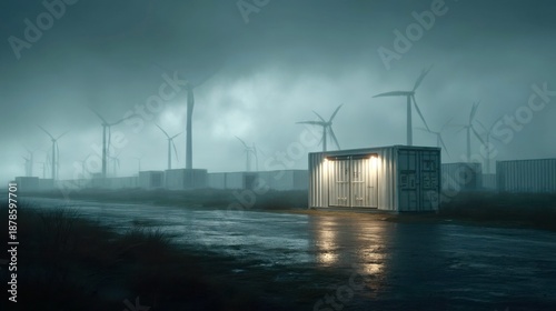 Unusual storage container shines under dramatic lighting amidst wind turbines in a foggy landscape on a rainy day