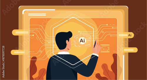 A man in a suit interacts with an advanced artificial intelligence interface, showcasing modern technology and data processing concepts.