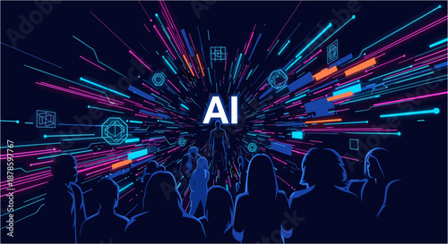 A diverse group of people gazes towards a vibrant, exploding light tunnel with the prominent text 'AI' at its center, symbolizing artificial intelligence's impact and future.