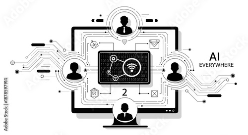 Conceptual black and white illustration of AI-driven connectivity, showcasing a network of users interacting through advanced technology and digital interfaces.