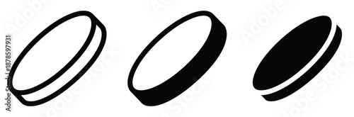 Three black and white 3D disk shapes