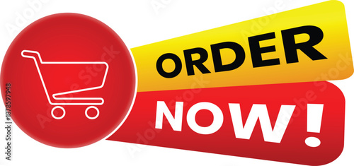 Order now button with shopping cart icon in bold vector style. Designed for ecommerce promotions and call to action banners. Ideal for web ads, mobile apps, and online store interfaces.