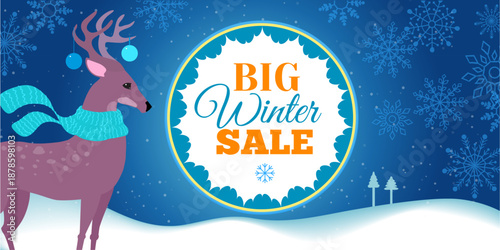 Cartoon style horizontal winter sale banner with a cute deer, snowy winter landscape and decorative snowflake ornament. Bright festive design for online ads, websites, promotions and seasonal sales