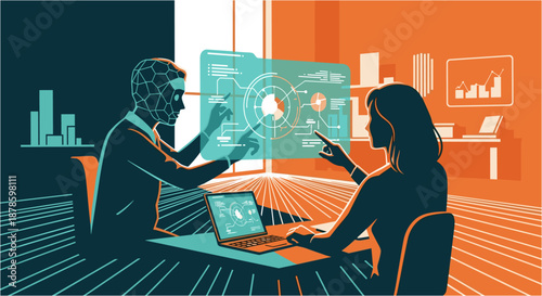 Two professionals collaborate on a futuristic digital interface, analyzing data and strategizing business solutions in a modern office environment.