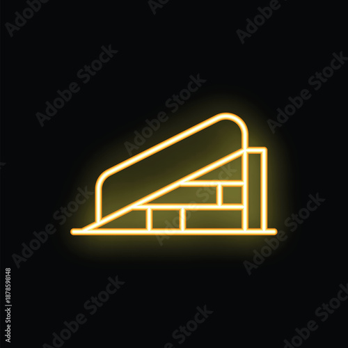 Bright yellow neon icon of a wheelchair ramp glowing on a black background