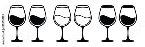 wine glasses filled with red and white wine in modern illustration,Champagne Glass icons graphics set in black and blue colors,Vector Wine Glasses Icons. Wine Glasses Symbols