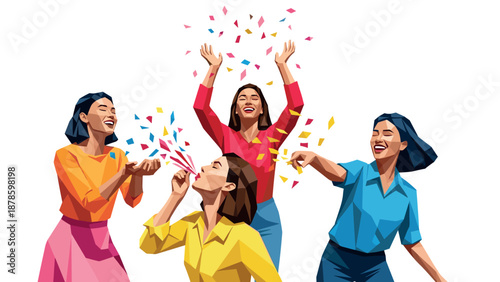 Vibrant celebration: joyful women throwing confetti in dynamic low poly design