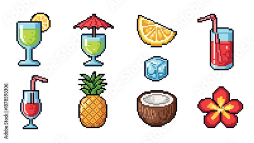 Colorful pixel art tropical drinks and fruits collection