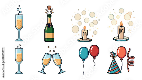 Celebration elements featuring champagne, candles, balloons, and party hat in pixel art style