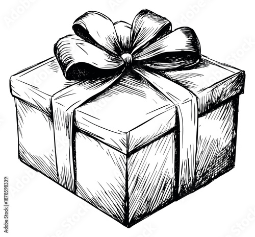 Hand drawn line art illustration of a gift box depicting it wrapped with a bow for celebrations