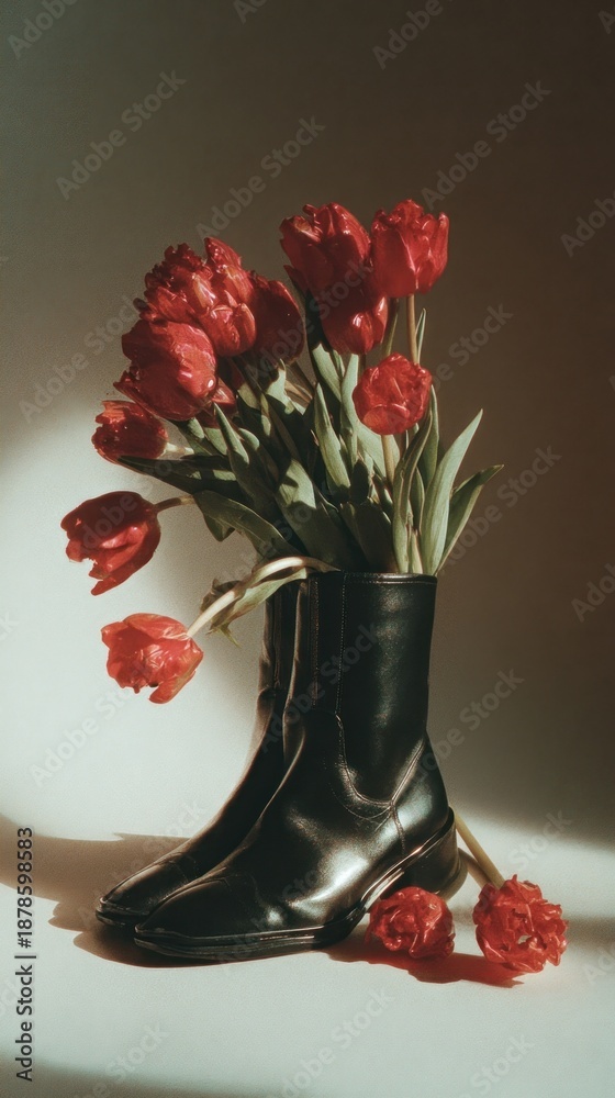 Fototapeta premium Tulips in leather boots art