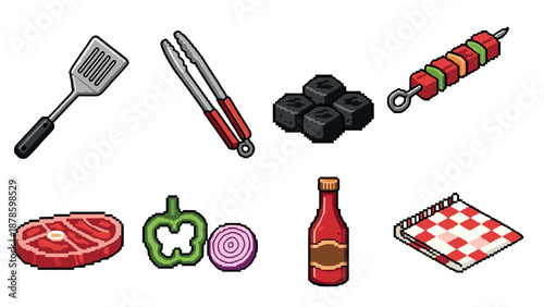 Pixel art bbq essentials: grilling tools, food items, and sauces