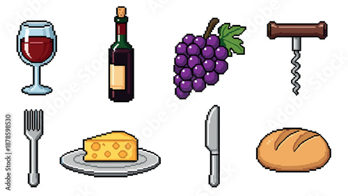 Pixel art wine and dining icons with cheese, bread, and grapes