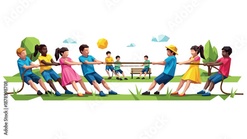 Children playing tug of war in low poly style in a park setting