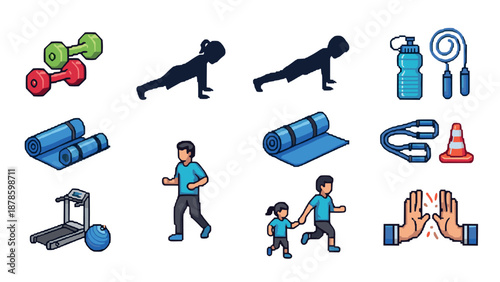 Colorful fitness icons set featuring flat workout and exercise equipment