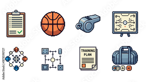 Retro pixel art sports and training icons set featuring basketball and fitness elements