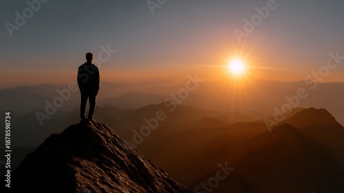 Silhouette of a Person Watching the Sunset Over Majestic Mountain Range