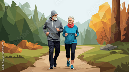 Elderly couple jogging in geometric autumn forest