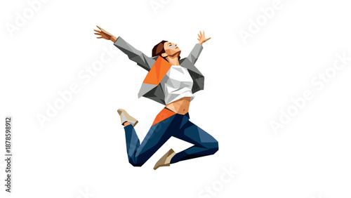 Celebrating success: energetic woman jumping in colorful abstract style