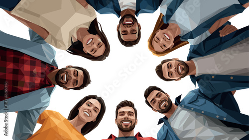 Diverse group looking down in abstract geometric style circle