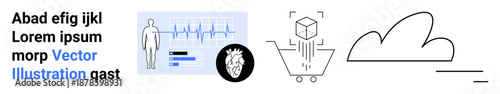 Health monitoring, medical technology, e-commerce, logistics, digital transformation, cloud computing. ECG screen, human figure heart graphic cart with cube cloud icon. Health monitoring