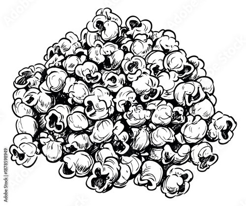 Hand drawn line art illustration of piled popcorn depicting a tasty snack for a movie night