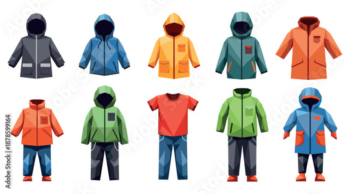 Colorful low poly kids outerwear collection with hooded jackets and pants