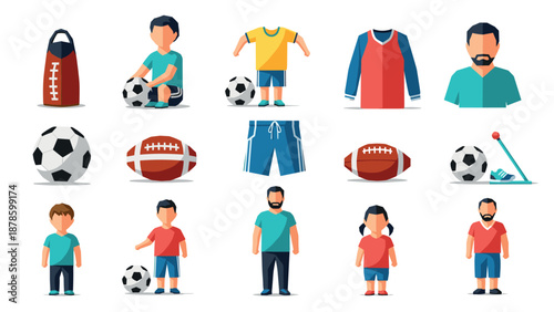 Flat style sport characters and equipment collection with football theme