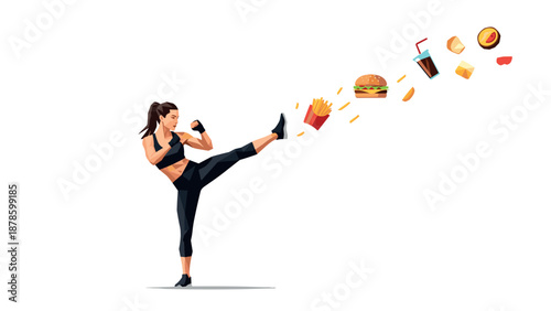 Fitness woman kicking junk food in dynamic action pose with whimsical style