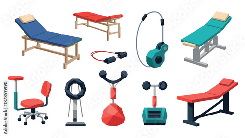 Modern fitness equipment collection with geometric design for gym and therapy spaces