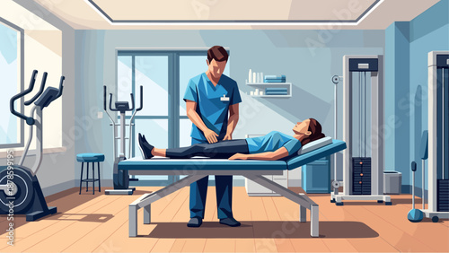 Physical therapist guiding rehabilitation exercises in a modern gym setting