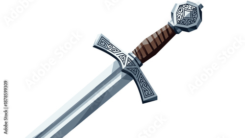 Medieval sword with intricate design on wooden hilt and steel blade