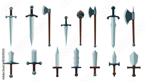 Collection of medieval weaponry: swords, axes, and maces in 3d style