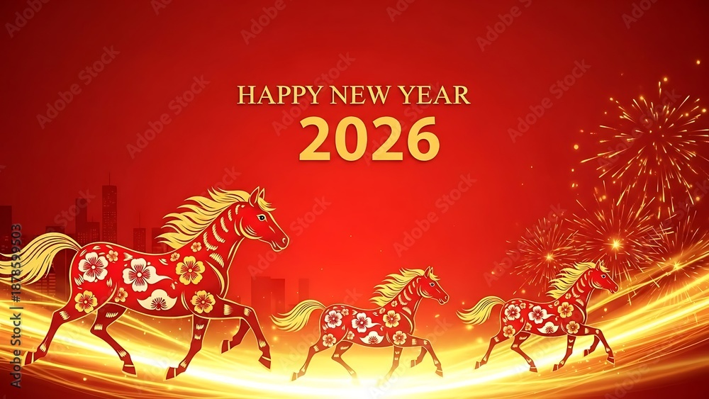 Naklejka premium Happy new year 2026 red background three running horses fireworks cityscape