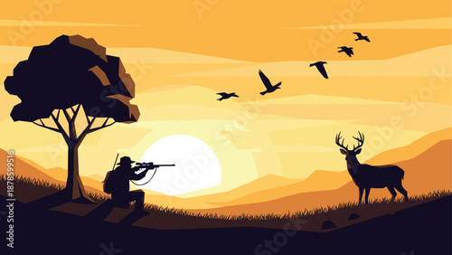 Hunter silhouette at sunset with deer and birds in peaceful nature landscape