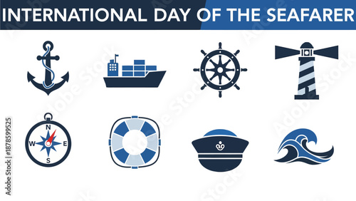 Blue and white graphic icons related to seafaring including an anchor ship wheel lighthouse compass life preserver hat and wave