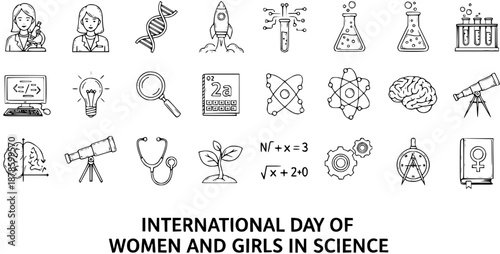 International Day of Women and Girls in Science Hand Drawn Line Art Icons Set. Science, Technology, Engineering, Math, and Medical Doodle Vector.