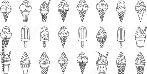 Variety of ice cream cones and frozen treats in illustrations