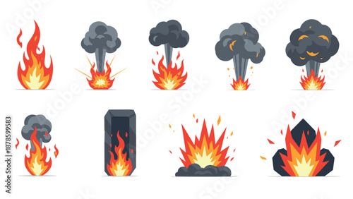 Explosive element set with fire and smoke in flat design